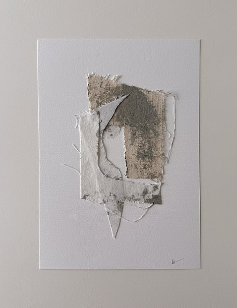 full image of a layered collage of pale cream cotton fragments blotted with green-grey acrylic, showing soft frayed edges on ivory fabriano and handwritten signature in lower right corner