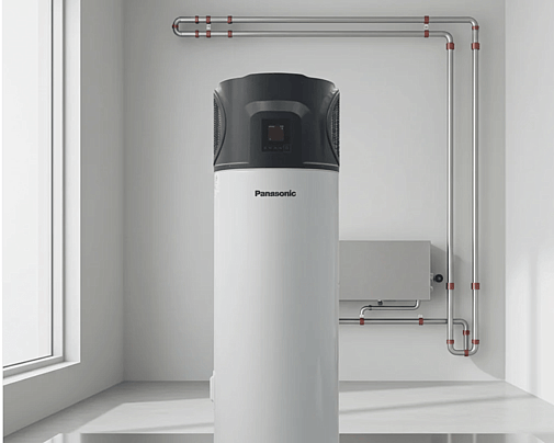 Panasonic All in One hot water heat pump installed in a laundry