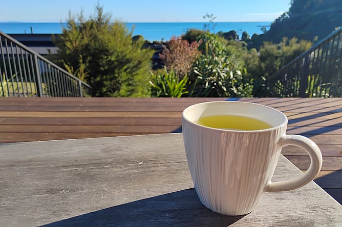 A mug of green tea in the foreground against a view out to sea
