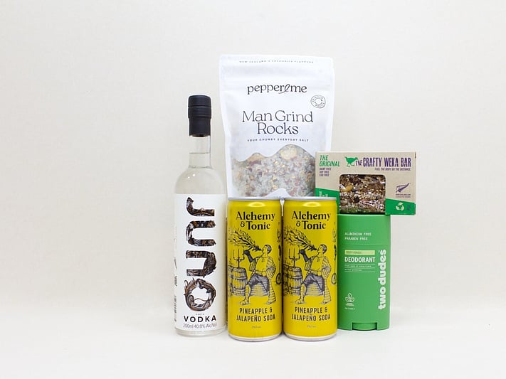 Bits & Bobs gift box with Onuts gourmet nuts, protein drink, Man Bar soap, Peanut Slab, Two Dudes face wash, and a Crafty Weka snack, packed with a little bit of everything and guaranteed to be enjoyed.