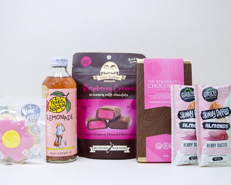 Sweet Treats Gift Box featuring Pete's Natural drink, Bennetto hazelnut chocolate, YAE collagen face mask, O'Nuts gourmet nuts, and Molly Woppy Passionfruit Cookies, beautifully packaged as an affordable gift box under $100
