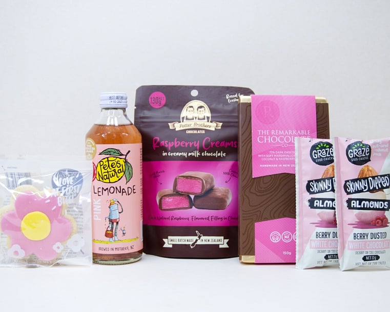 Sweet Treats Gift Box featuring Pete's Natural drink, Bennetto hazelnut chocolate, YAE collagen face mask, O'Nuts gourmet nuts, and Molly Woppy Passionfruit Cookies, beautifully packaged as an affordable gift box under $100