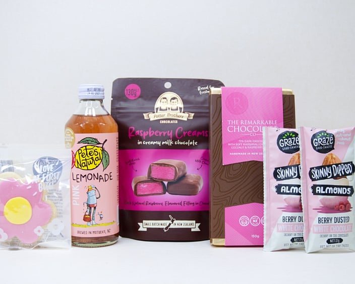 Sweet Treats Gift Box featuring Pete's Natural drink, Bennetto hazelnut chocolate, YAE collagen face mask, O'Nuts gourmet nuts, and Molly Woppy Passionfruit Cookies, beautifully packaged as an affordable gift box under $100