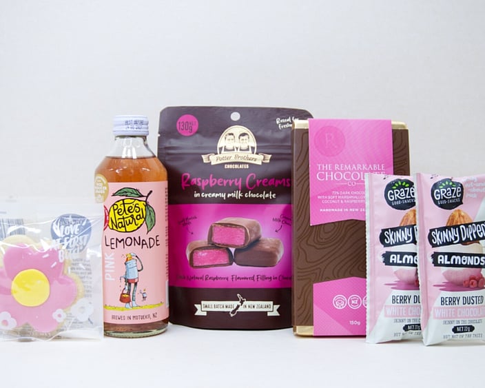 Sweet Treats Gift Box featuring Pete's Natural drink, Bennetto hazelnut chocolate, YAE collagen face mask, O'Nuts gourmet nuts, and Molly Woppy Passionfruit Cookies, beautifully packaged as an affordable gift box under $100