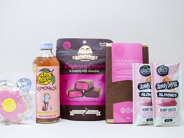 Sweet Treats Gift Box featuring Pete's Natural drink, Bennetto hazelnut chocolate, YAE collagen face mask, O'Nuts gourmet nuts, and Molly Woppy Passionfruit Cookies, beautifully packaged as an affordable gift box under $100