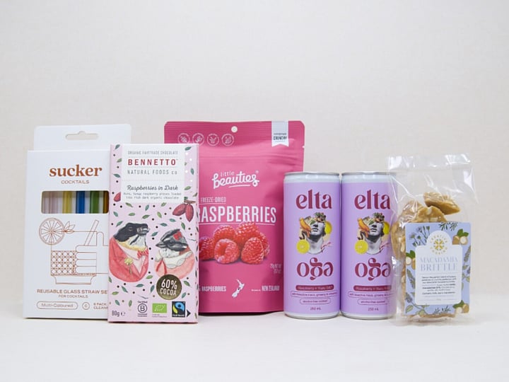 Mocktail Gift Box featuring Elta Ego alcohol-free cocktails, Passionfruit Margaritas, Little Beauties freeze-dried raspberries, glass cocktail straws, Bennetto chocolate, and macadamia brittle superseeds, beautifully packaged for alcohol-free gifting.