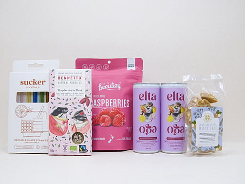 Mocktail Gift Box featuring Elta Ego alcohol-free cocktails, Passionfruit Margaritas, Little Beauties freeze-dried raspberries, glass cocktail straws, Bennetto chocolate, and macadamia brittle superseeds, beautifully packaged for alcohol-free gifting.