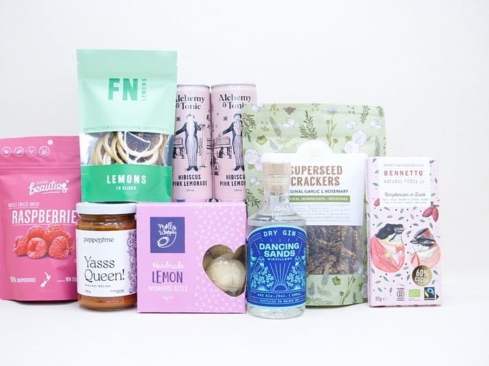 Gin O'Clock Gift Box featuring Dancing Sands Gin, Alchemy & Tonic Lemonade, Little Beauties freeze-dried raspberries, FN citrus garnishes, Kiki Seed Crackers, Pepper & Me Yasss Queen relish, Molly Woppy cookies, and Bennetto artisan chocolate, beautifully packaged for gin lovers, entertaining, and effortless gifting.