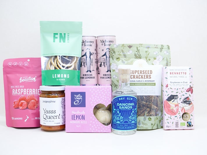 Gin O'Clock Gift Box featuring Dancing Sands Gin, Alchemy & Tonic Lemonade, Little Beauties freeze-dried raspberries, FN citrus garnishes, Kiki Seed Crackers, Pepper & Me Yasss Queen relish, Molly Woppy cookies, and Bennetto artisan chocolate, beautifully packaged for gin lovers, entertaining, and effortless gifting.