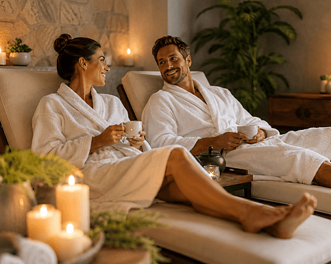 A husband and wife lying down on the lounges in their white bathrobes sipping on a hot drink. candles set the mood in the back and front of the picutre.