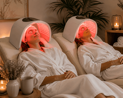 Mother and daughter lying down on the lounges in their white robes, having an led face pod treatment.