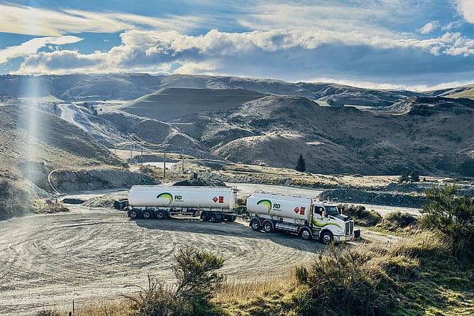 RD Petroleum B-train fuel tanker parked on a gravel pad in the hill country near Macraes, Otago