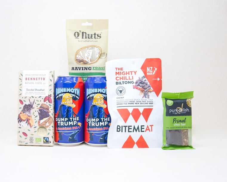 Beer & Bites Gift Box NZ featuring Behemoth Dump The Trump IPA, gourmet jerky, roasted nuts, artisan chocolate and premium snacks.