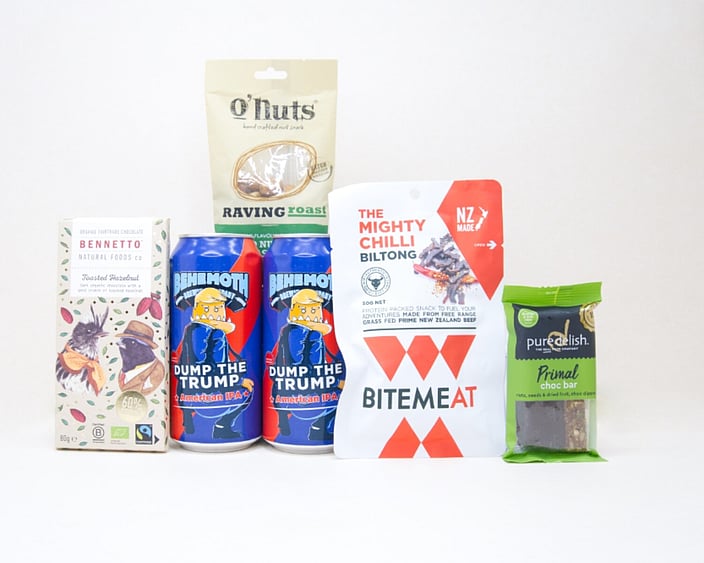 Beer & Bites Gift Box NZ featuring Behemoth Dump The Trump IPA, gourmet jerky, roasted nuts, artisan chocolate and premium snacks.