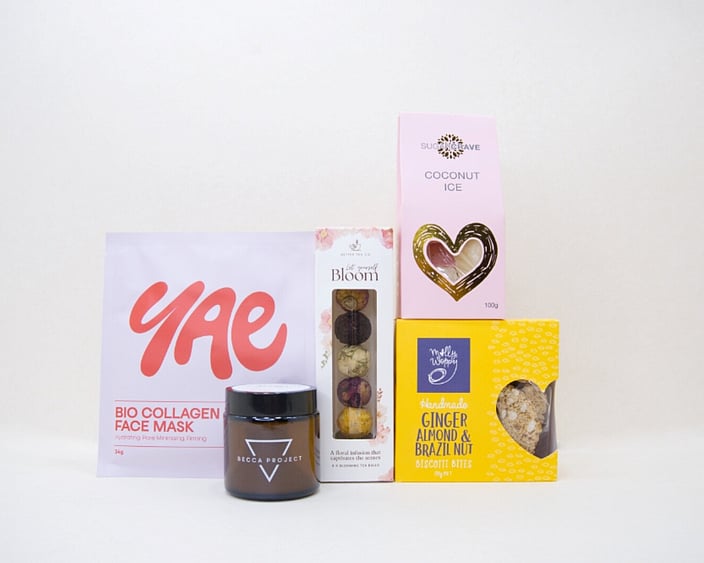 Blooming Tea gift box NZ — premium NZ-made gifts including Better Tea Co, Molly Woppy biscotti and YAE face mask