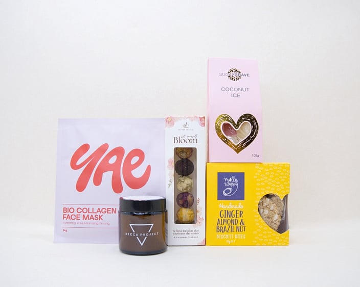 Blooming Tea gift box NZ &mdash; premium NZ-made gifts including Better Tea Co, Molly Woppy biscotti and YAE face mask