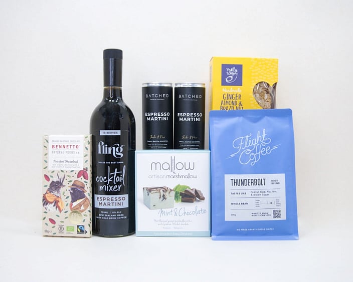 Coffee All Day gift box NZ &mdash; premium NZ-made gifts including Flight coffee, Fling martini mix and Bennetto chocolate