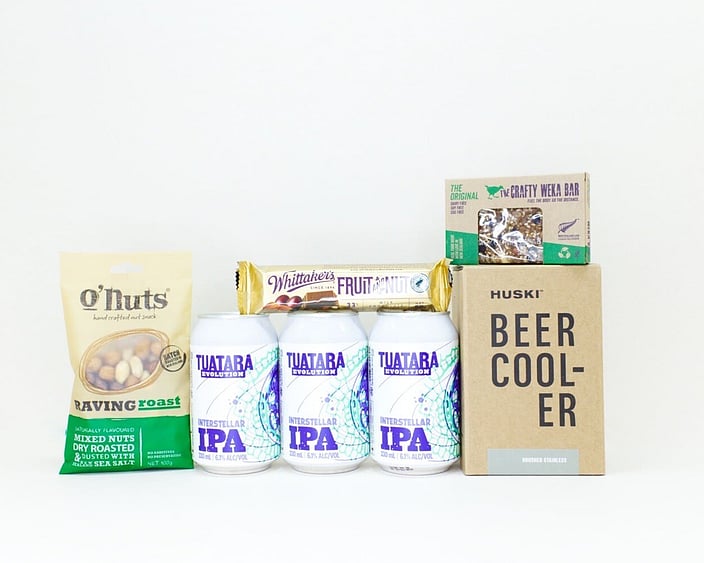 Craft Beer Gift Box featuring Tuatara craft beer, HUSKI beer cooler, gourmet nuts, and a Crafty Weka muesli bar in a premium KYND gift box.