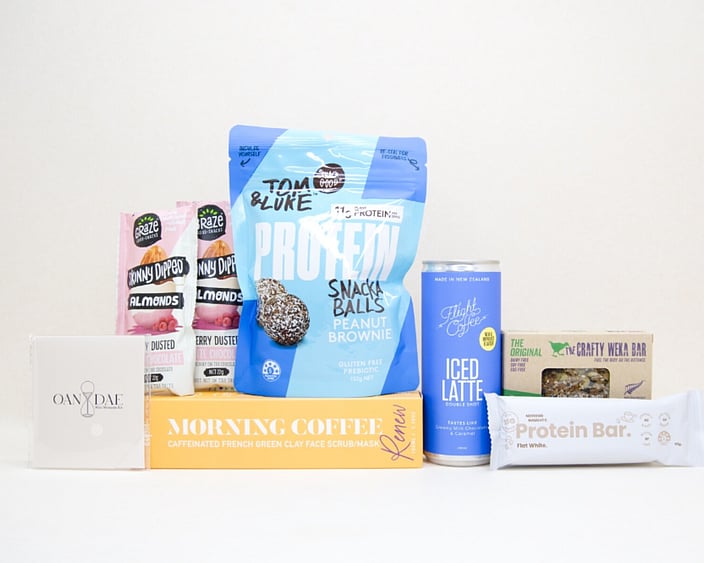Morning Coffee Gift Box NZ with Flight Coffee, coffee face scrub, protein snacks, almonds, and wellness treats beautifully packaged for gifting