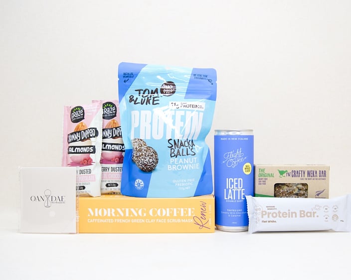 Morning Coffee Gift Box NZ with Flight Coffee, coffee face scrub, protein snacks, almonds, and wellness treats beautifully packaged for gifting