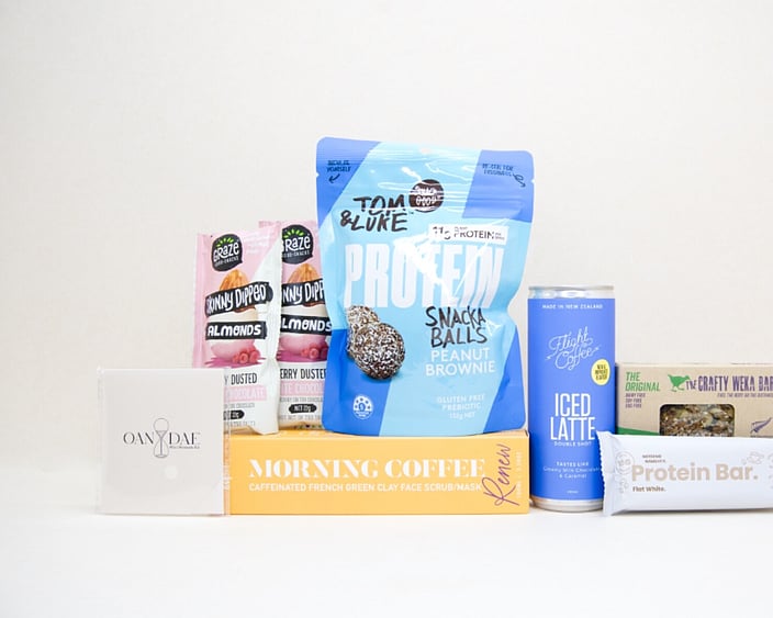 Morning Coffee Gift Box NZ with Flight Coffee, coffee face scrub, protein snacks, almonds, and wellness treats beautifully packaged for gifting