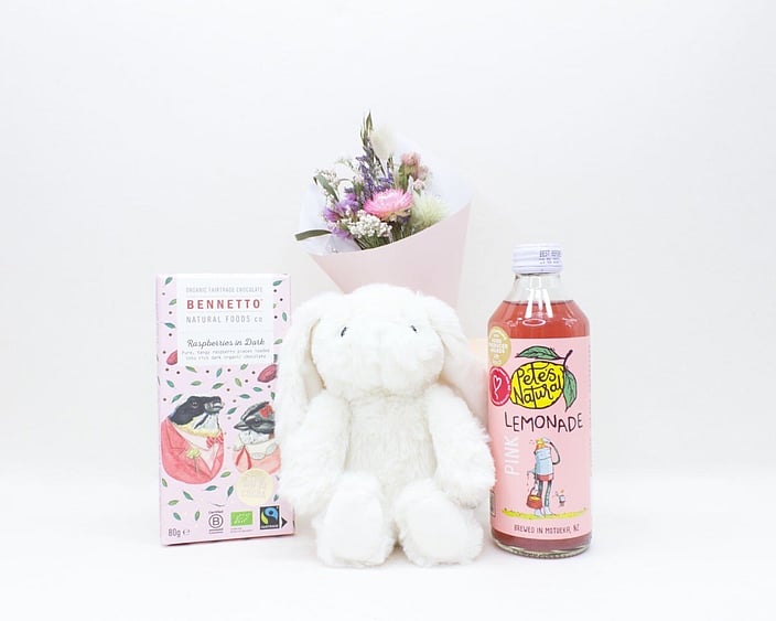The Cute Gift Box featuring a cuddly teddy, dried flowers, artisan chocolate, and a refreshing Pete's Natural drink, beautifully packaged and ready to gift