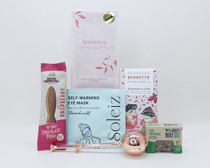 Keep calm gift box nz - nz made anxietea tea, eye mask, chocolate, weka muesli bar and chcocolate fish - delivered nationwide