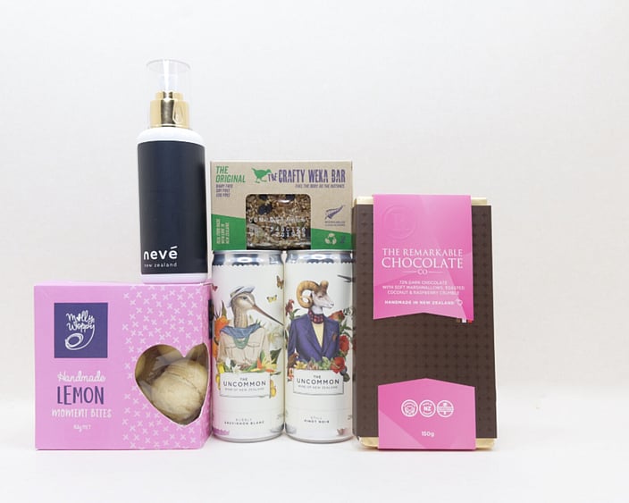 You Deserve This self-care gift box with Lemon Moment cookies, Neve room spray, Crafty Weka muesli bar, and Remarkable chocolate, thoughtfully presented in a premium gift box
