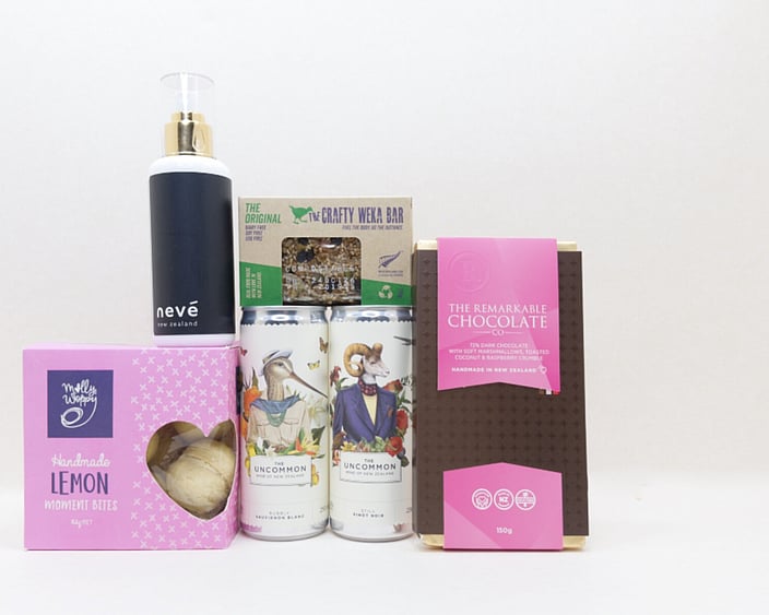 You Deserve This self-care gift box with Lemon Moment cookies, Neve room spray, Crafty Weka muesli bar, and Remarkable chocolate, thoughtfully presented in a premium gift box