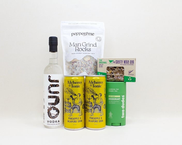 Vodka Treat gift box NZ &mdash; NZ-made gift box for him with JUNO vodka, tonic, Two Dudes deodorant and artisan salt