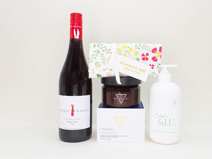 A Moment for You gift box with Strawberry Hill sparkling wine, Rabbit Ranch Pinot Noir, Becca Project chocolate and Eddi & Lu treats, beautifully presented in a premium NZ gift box.