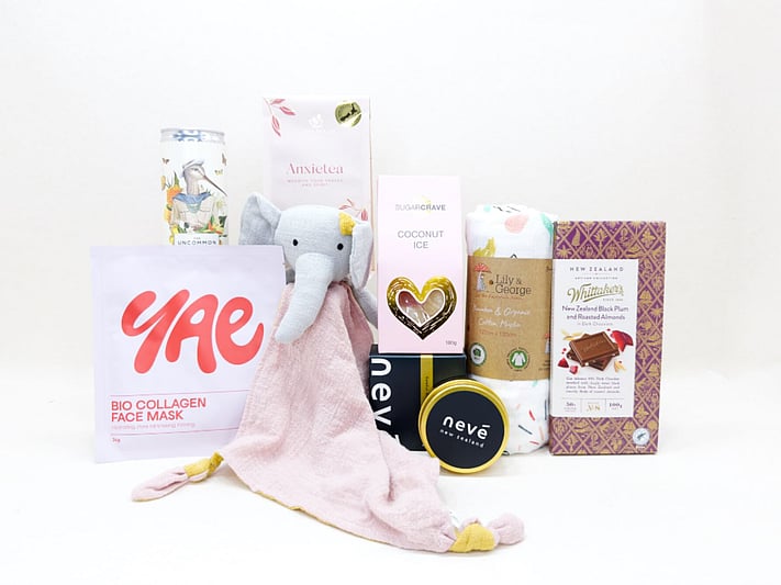 Celebrate the New Mum gift box NZ — NZ-made gift box with Anxietea, coconut ice, baby wrap and candle