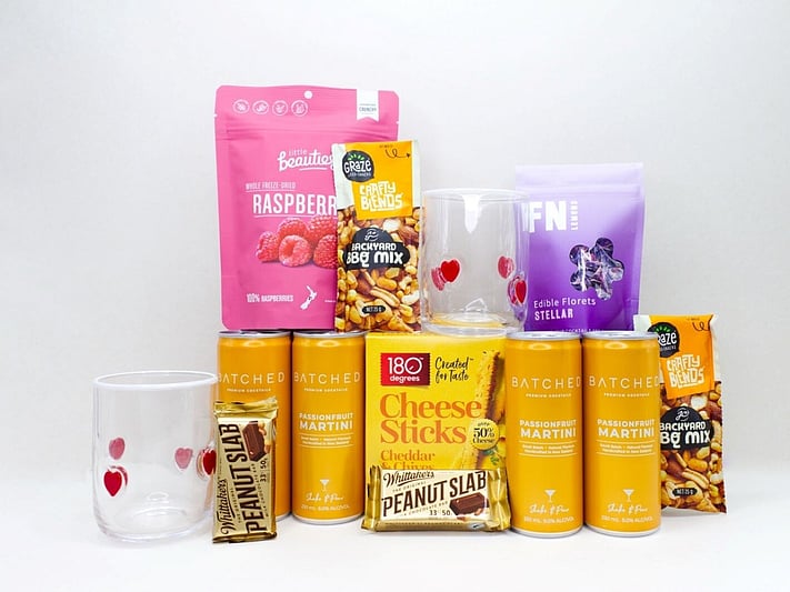 Cheers to You gift box NZ — NZ-made cocktail gift box with espresso martini, Homelab glass, dried fruit and peanut slab
