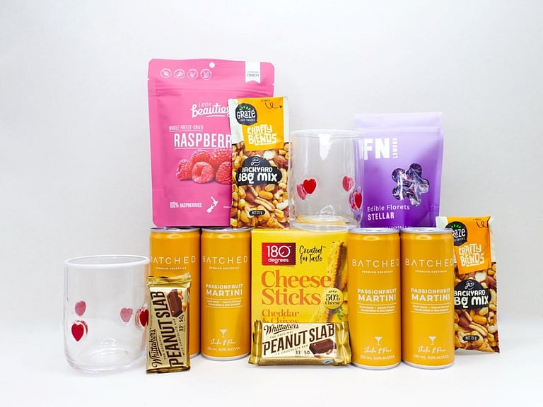 Cheers to You gift box NZ — NZ-made cocktail gift box with espresso martini, Homelab glass, dried fruit and peanut slab