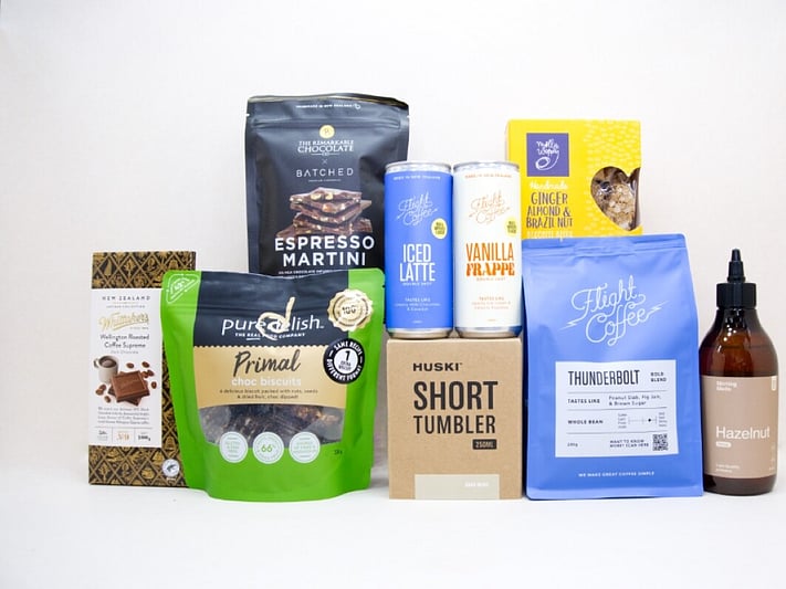 Coffee Gift Box featuring Flight Coffee, HUSKI tumbler, hazelnut syrup, coffee chocolate, and NZ-made treats.