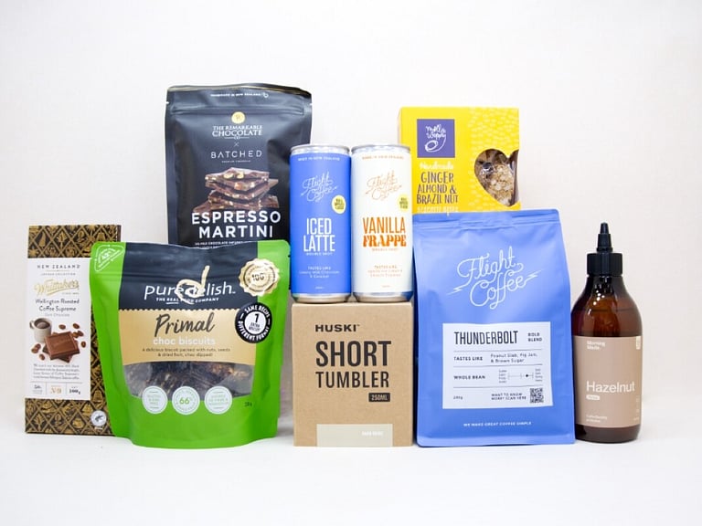 Coffee Gift Box featuring Flight Coffee, HUSKI tumbler, hazelnut syrup, coffee chocolate, and NZ-made treats.