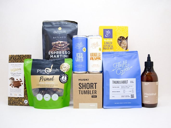 Coffee Gift Box featuring Flight Coffee, HUSKI tumbler, hazelnut syrup, coffee chocolate, and NZ-made treats.