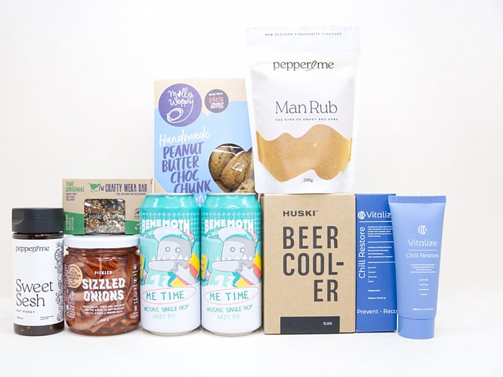 Craft Beer & BBQ Gift Box NZ with Behemoth Me Time beers, HUSKI Beer Cooler, Pepper & Me seasonings, pickled onions and gourmet snacks.