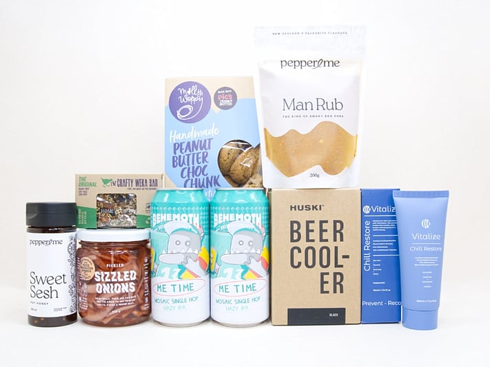 Craft Beer & BBQ Gift Box NZ with Behemoth Me Time beers, HUSKI Beer Cooler, Pepper & Me seasonings, pickled onions and gourmet snacks.