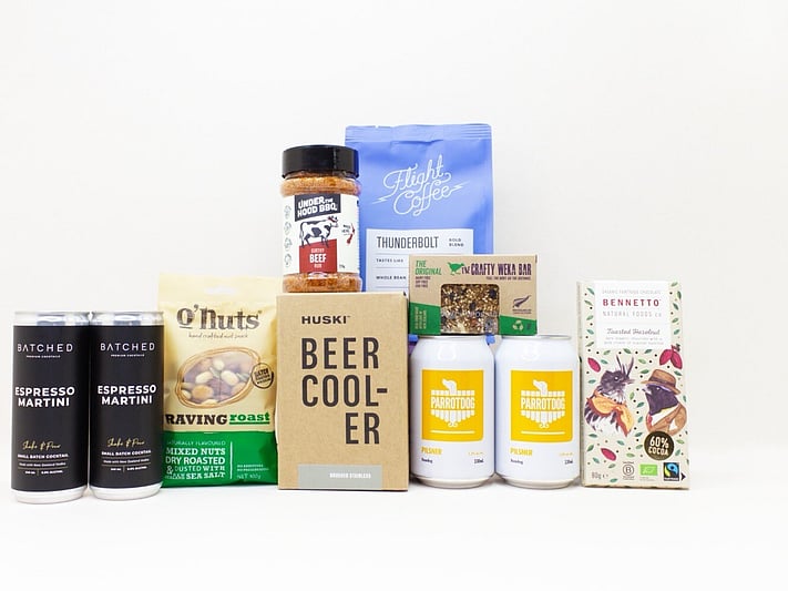 Just for the Men gift box NZ — NZ-made gift box for him with beer, espresso martini, coffee, chocolate and nuts