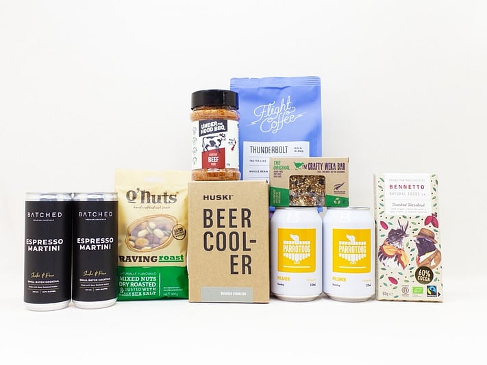 Just for the Men gift box NZ — NZ-made gift box for him with beer, espresso martini, coffee, chocolate and nuts