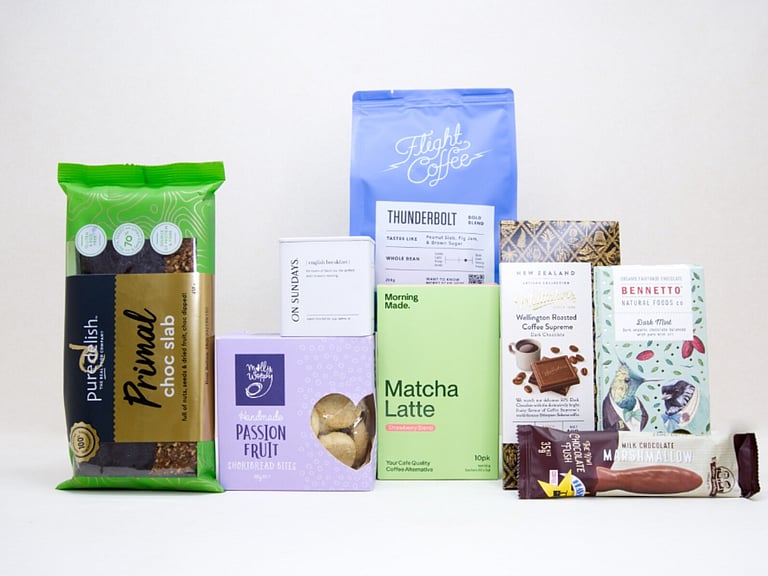 Morning Tea Gift Box featuring Flight Coffee, ONSUNDAY tea, strawberry matcha latte, artisan chocolates, Molly Woppy passionfruit cookies, and NZ-made treats.