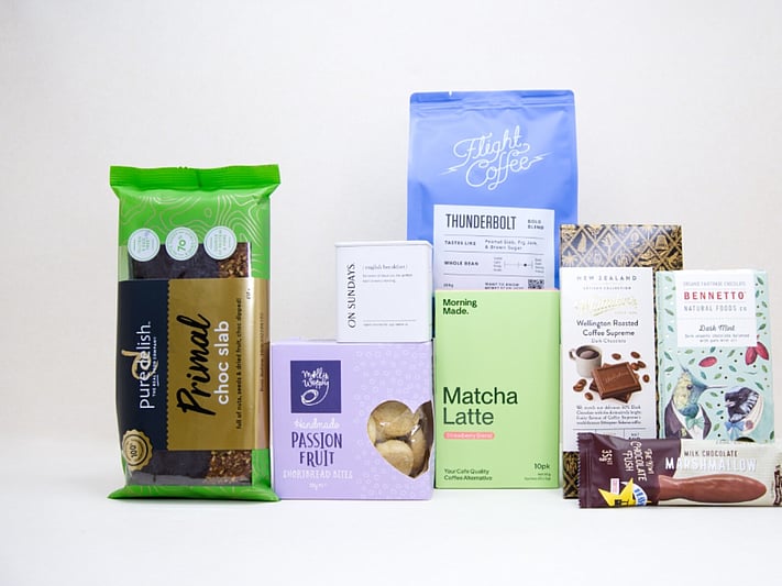 Morning Tea Gift Box featuring Flight Coffee, ONSUNDAY tea, strawberry matcha latte, artisan chocolates, Molly Woppy passionfruit cookies, and NZ-made treats.