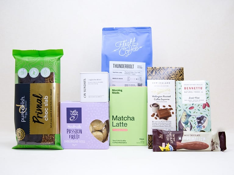 Morning Tea Gift Box featuring Flight Coffee, ONSUNDAY tea, strawberry matcha latte, artisan chocolates, Molly Woppy passionfruit cookies, and NZ-made treats.