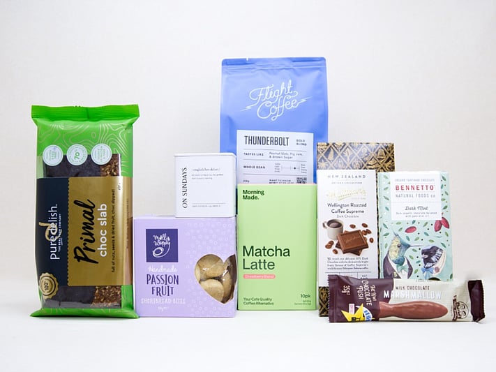 Morning Tea Gift Box featuring Flight Coffee, ONSUNDAY tea, strawberry matcha latte, artisan chocolates, Molly Woppy passionfruit cookies, and NZ-made treats.