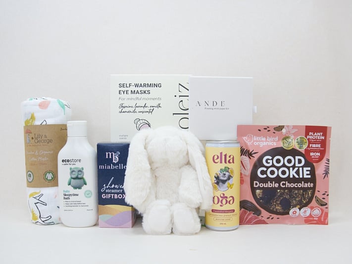 Mum and Baby gift box NZ — NZ-made gift box with Lily & George teddy, baby wrap, Miabelle shower steamers and Oan Dae wish kit