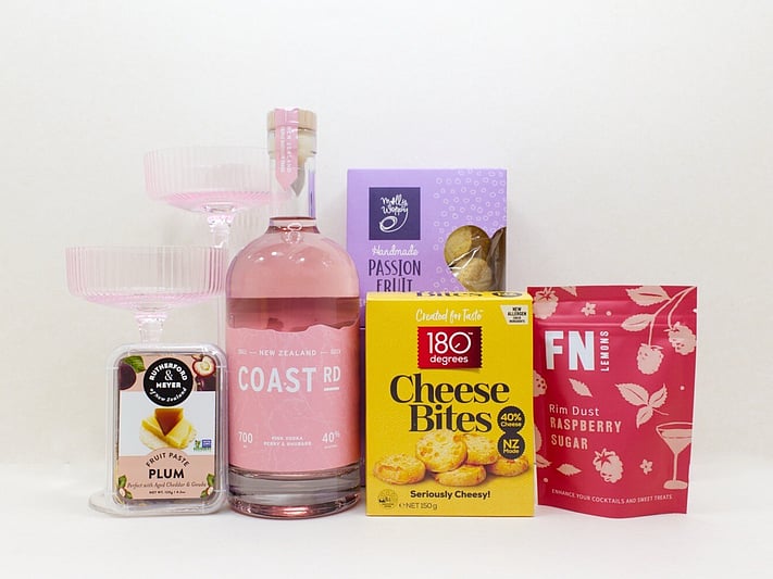Vodka Celebration gift box NZ — NZ-made cocktail gift box with vodka, cocktail glasses, quince paste and cookies
