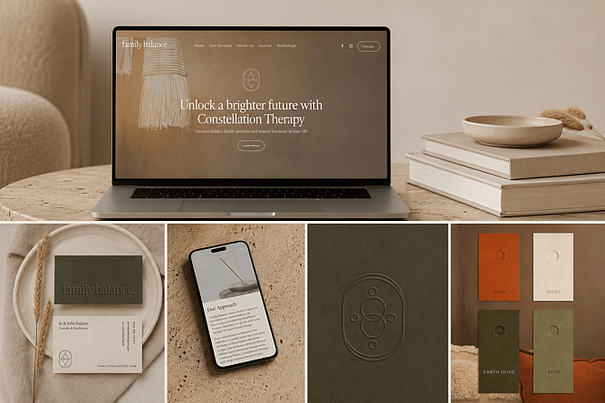 Family Balance brand identity across website design, mobile, business cards, logo and colour palette.