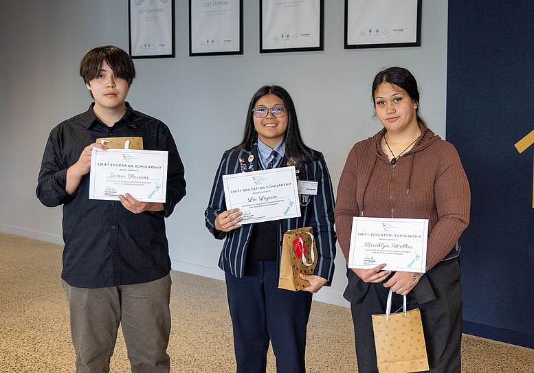 Five SWIFT scholarship recipients holding their certificates at Pūkenga Rau, Tokoroa.
