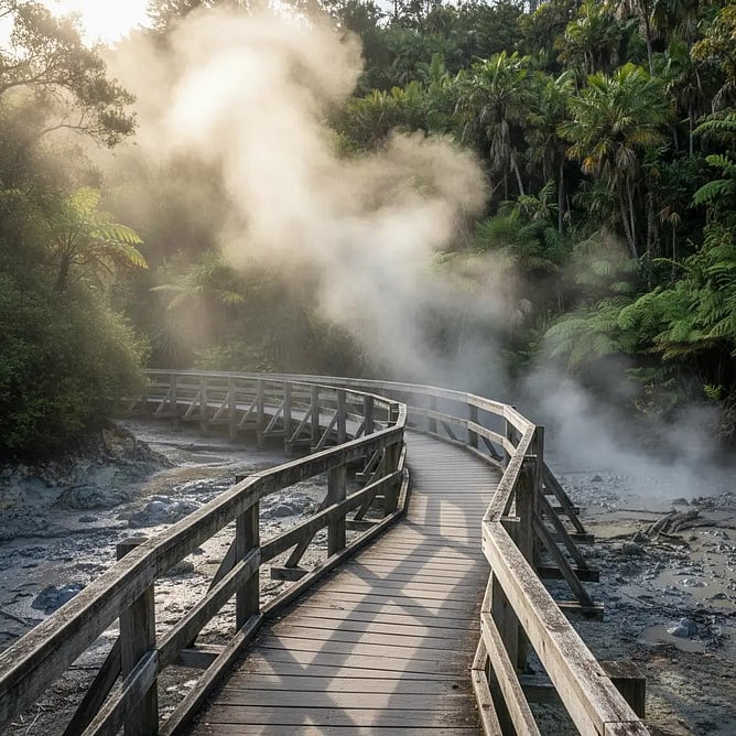 Wooden boardwalk winding through steaming geothermal terrain at Rotorua, New Zealand